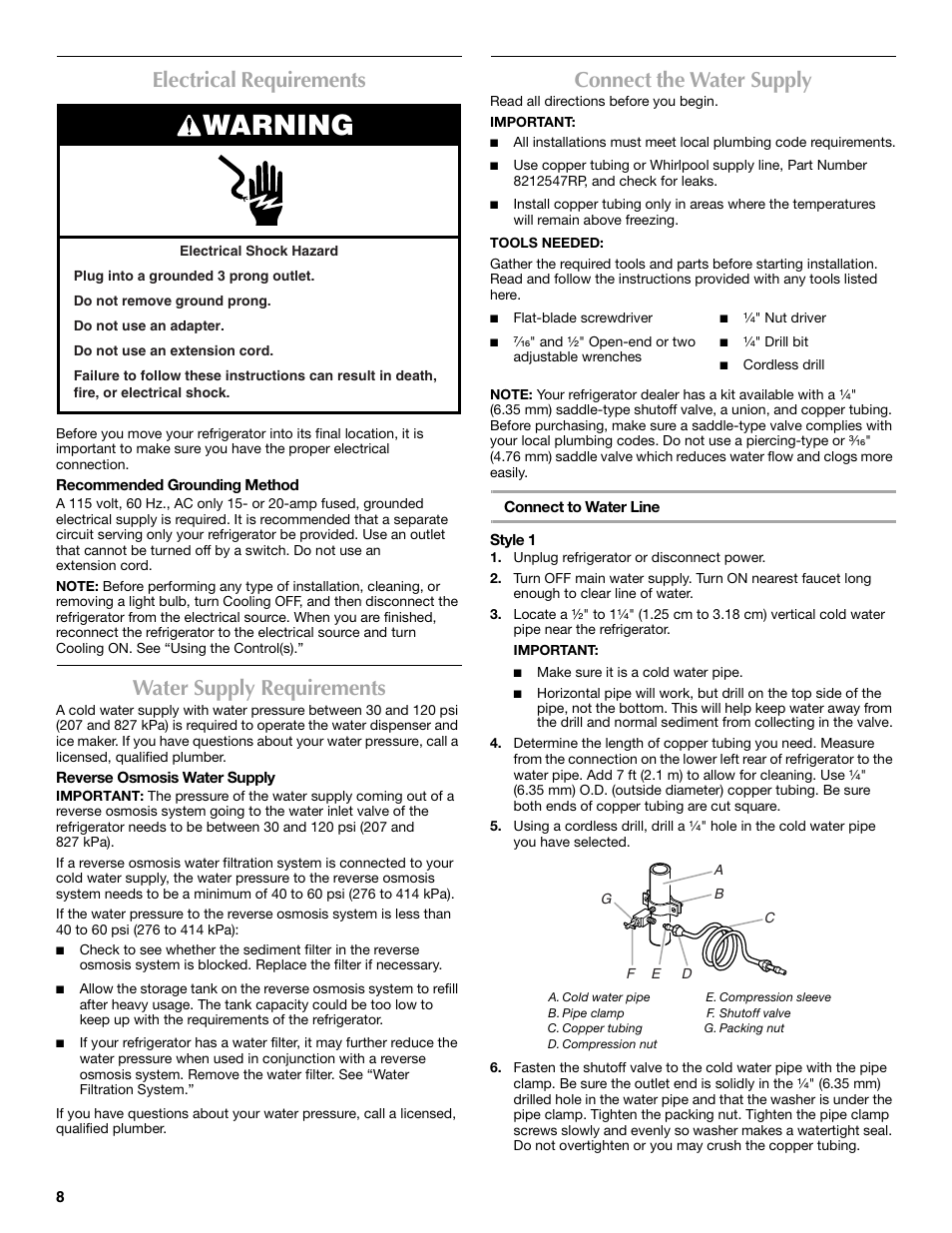Warning, Electrical requirements, Water supply requirements | Connect the water supply | Maytag MFF2055DRM User Manual | Page 8 / 88