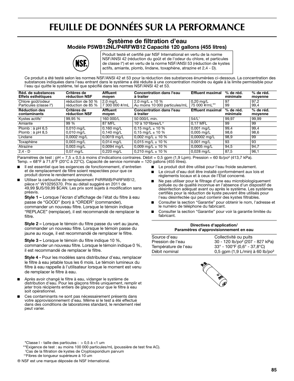 Feuille de données sur la performance, Système de filtration d’eau | Maytag MFF2055DRM User Manual | Page 85 / 88