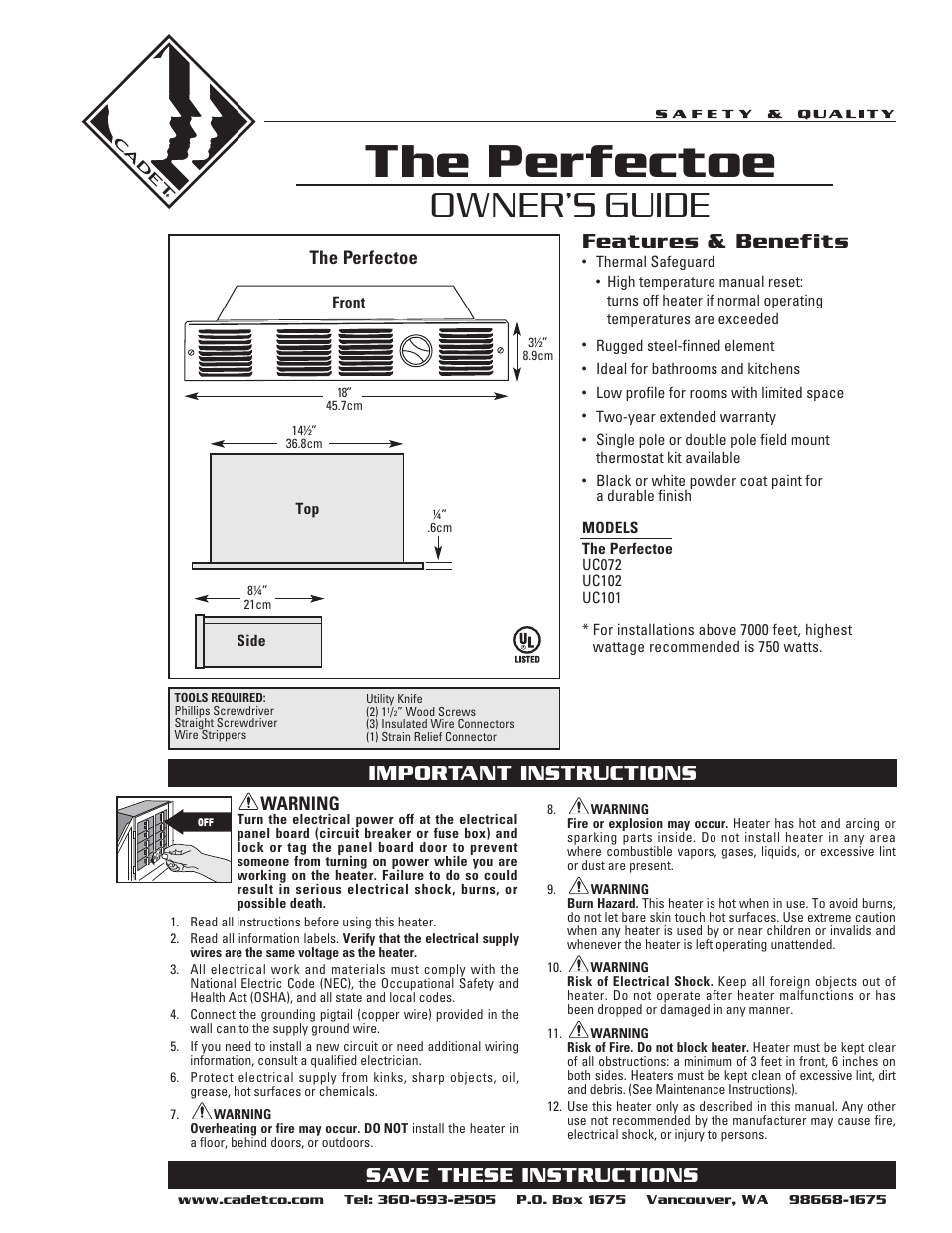 Cadet THE PERFECTOE UC102 User Manual | 8 pages