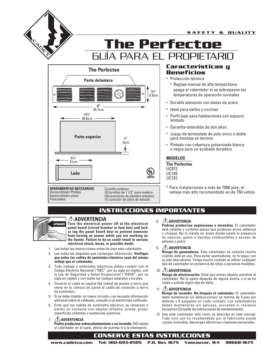 The perfectoe, Guía para el propietario, Características y beneficios | Cadet THE PERFECTOE UC102 User Manual | Page 5 / 8