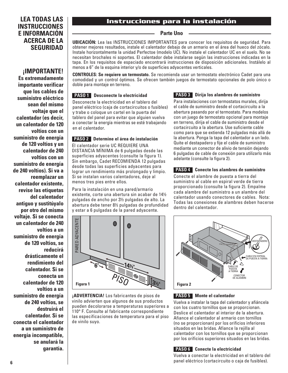 Piso, Instrucciones para la instalación | Cadet THE PERFECTOE UC102 User Manual | Page 6 / 8