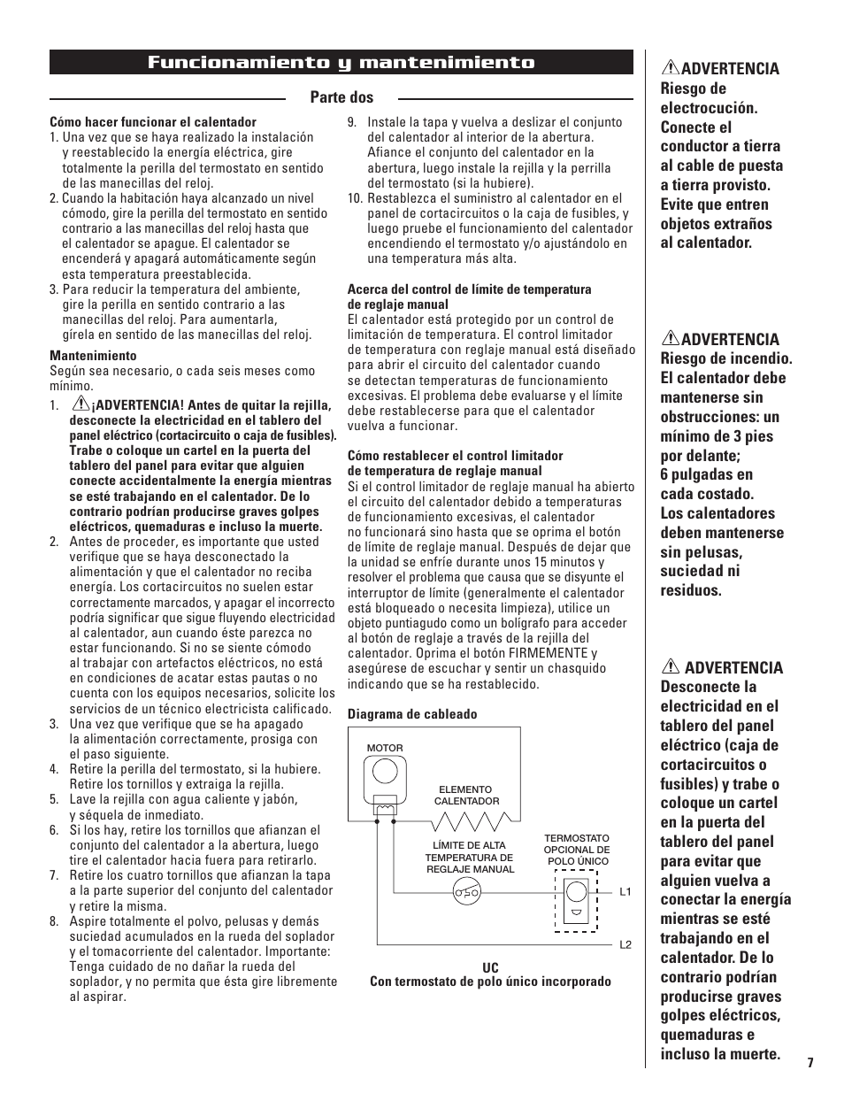 Funcionamiento y mantenimiento | Cadet THE PERFECTOE UC102 User Manual | Page 7 / 8