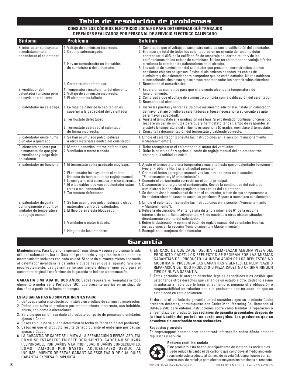Garantía, Tabla de resolución de problemas, Síntoma problema solution | Cadet THE PERFECTOE UC102 User Manual | Page 8 / 8