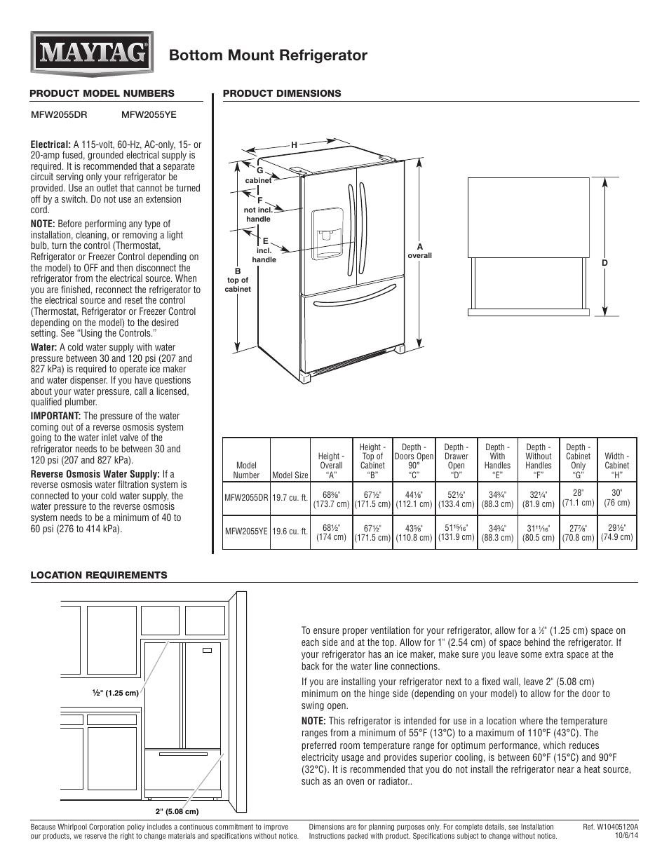 Maytag MFW2055DRM Dimension Guide User Manual | 1 page