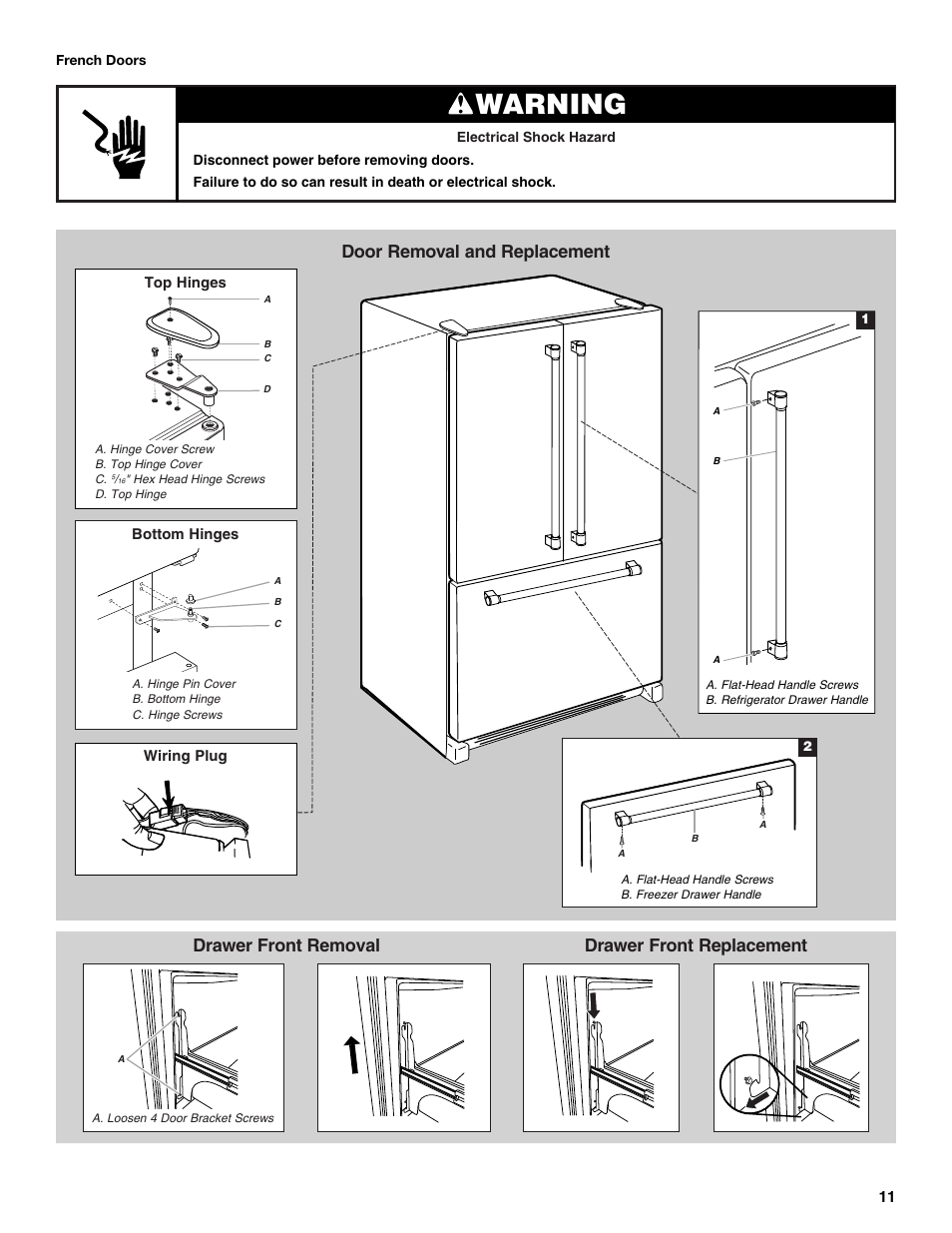 Warning, Door removal and replacement, Drawer front removal | Drawer front replacement | Maytag MFC2062DEM User Manual | Page 11 / 72