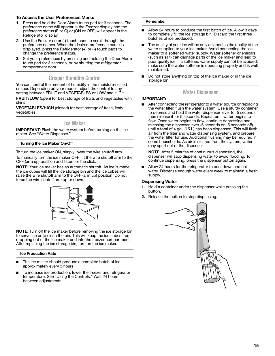 Crisper humidity control, Ice maker, Water dispenser | Maytag MFC2062DEM User Manual | Page 15 / 72