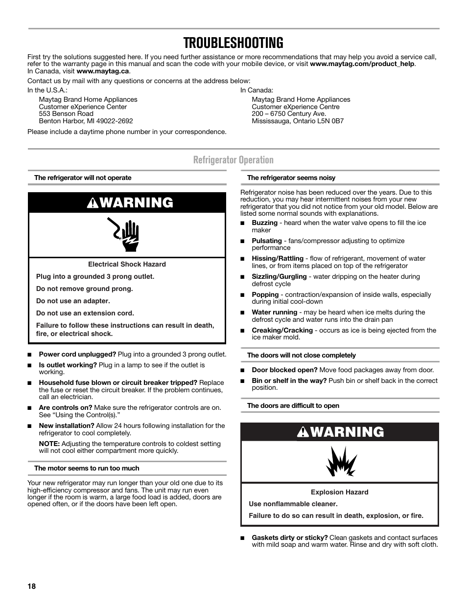 Troubleshooting, Warning, Refrigerator operation | Maytag MFC2062DEM User Manual | Page 18 / 72