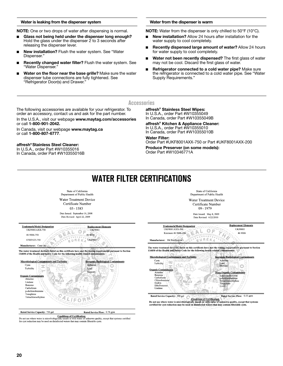 Water filter certifications, Accessories | Maytag MFC2062DEM User Manual | Page 20 / 72