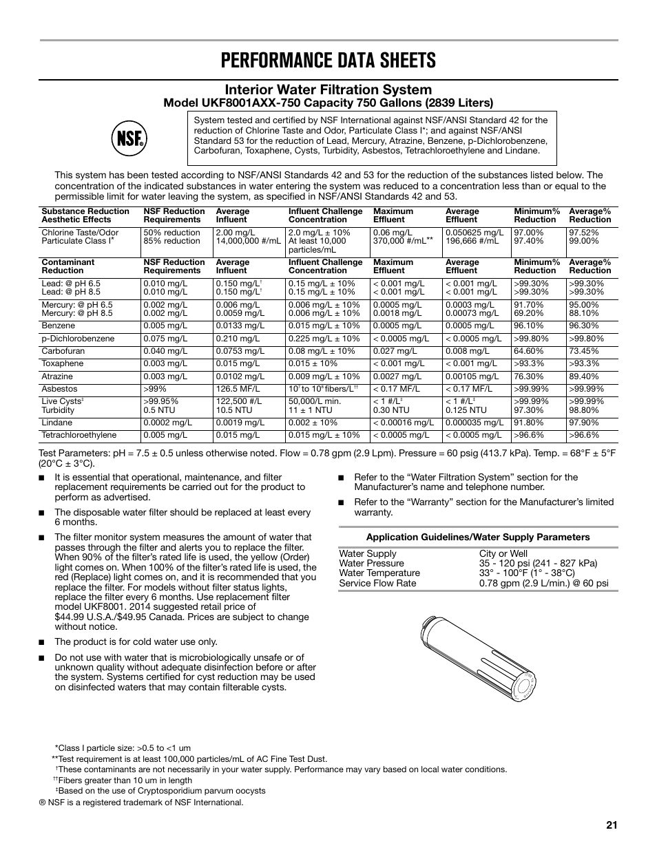 Performance data sheets, Interior water filtration system | Maytag MFC2062DEM User Manual | Page 21 / 72
