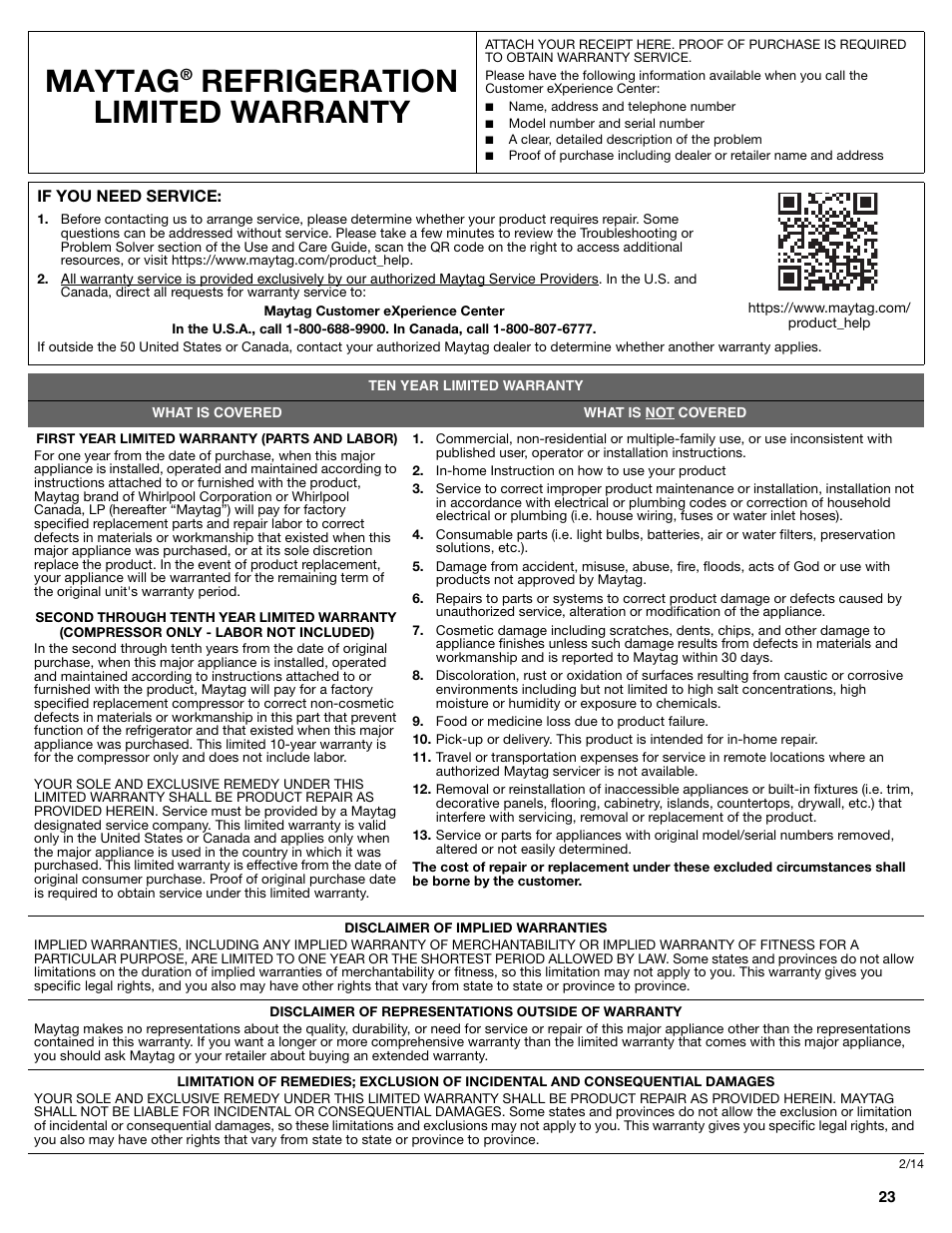 Maytag, Refrigeration limited warranty | Maytag MFC2062DEM User Manual | Page 23 / 72