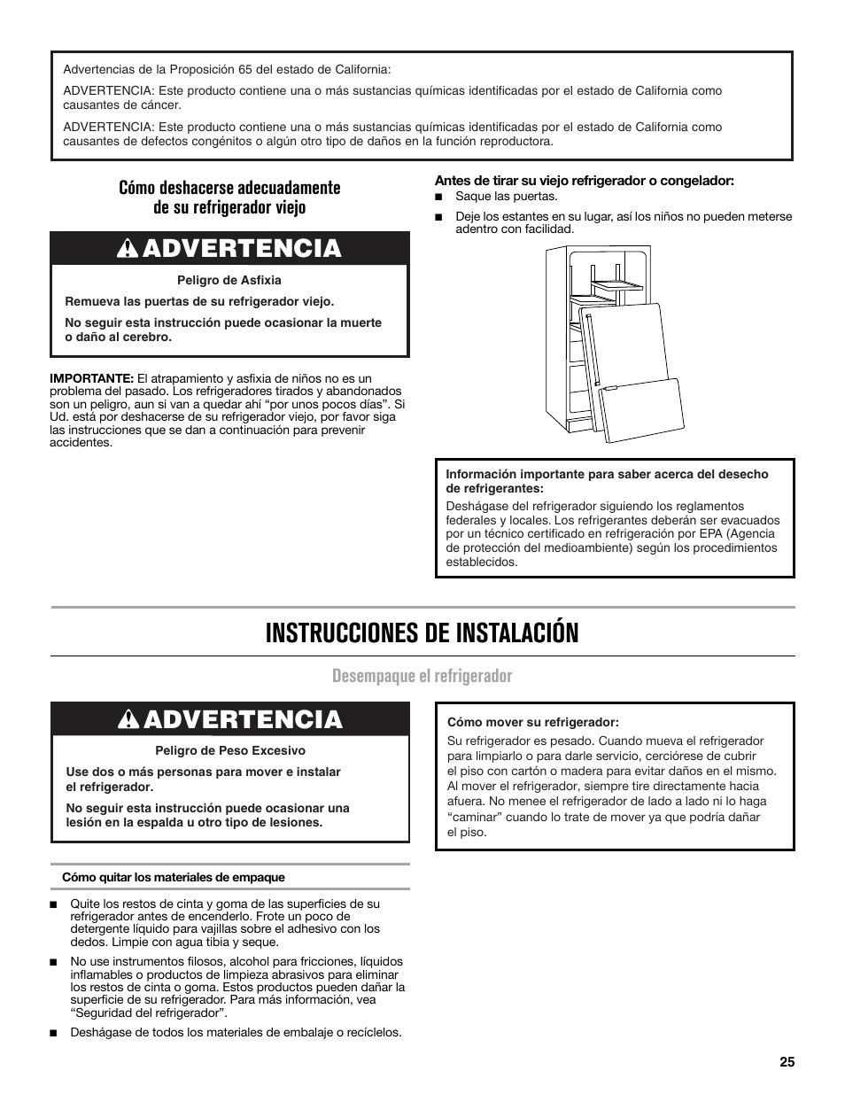 Instrucciones de instalación, Advertencia, Desempaque el refrigerador | Maytag MFC2062DEM User Manual | Page 25 / 72