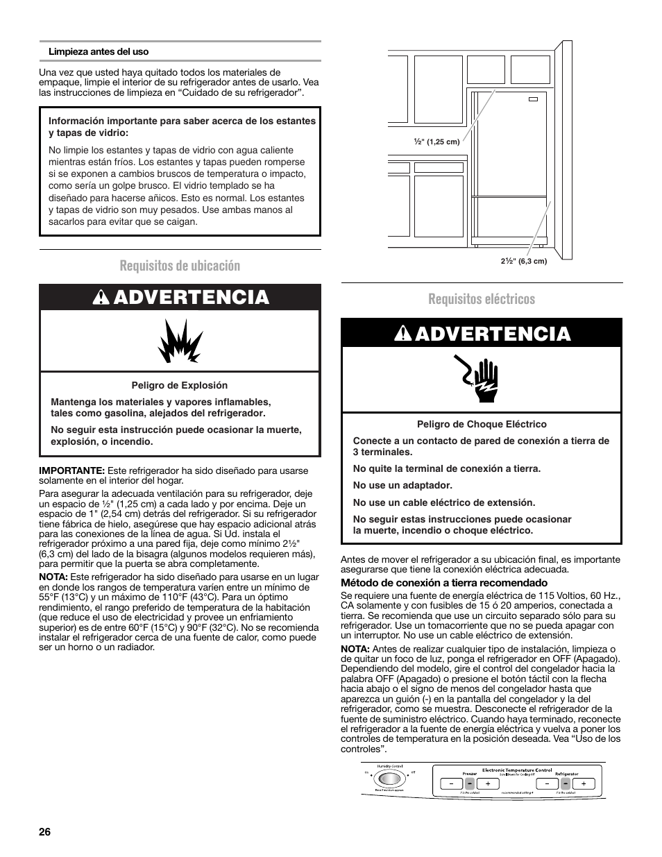 Advertencia, Requisitos de ubicación, Requisitos eléctricos | Maytag MFC2062DEM User Manual | Page 26 / 72