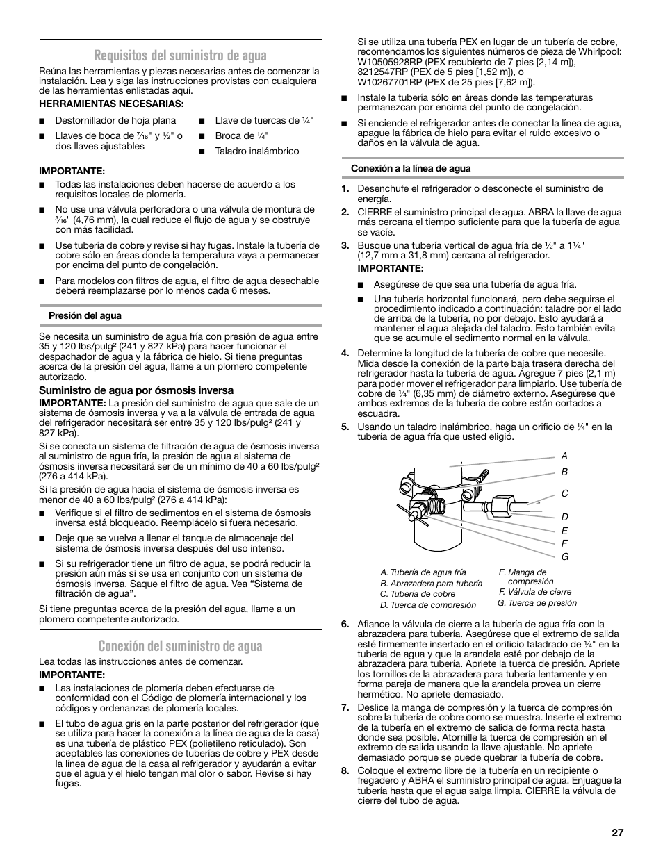 Requisitos del suministro de agua, Conexión del suministro de agua | Maytag MFC2062DEM User Manual | Page 27 / 72