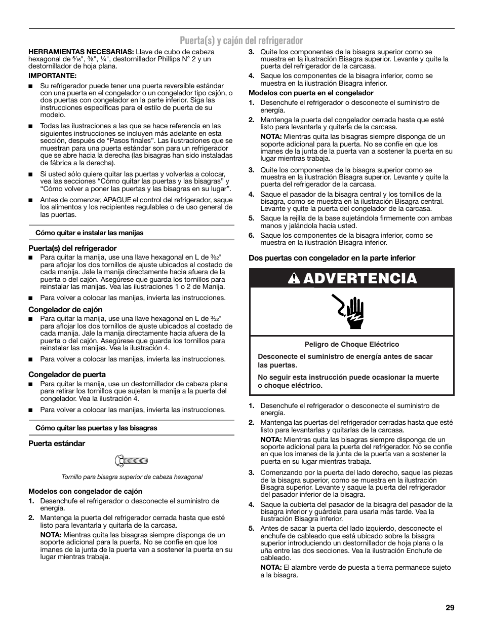 Advertencia, Puerta(s) y cajón del refrigerador | Maytag MFC2062DEM User Manual | Page 29 / 72