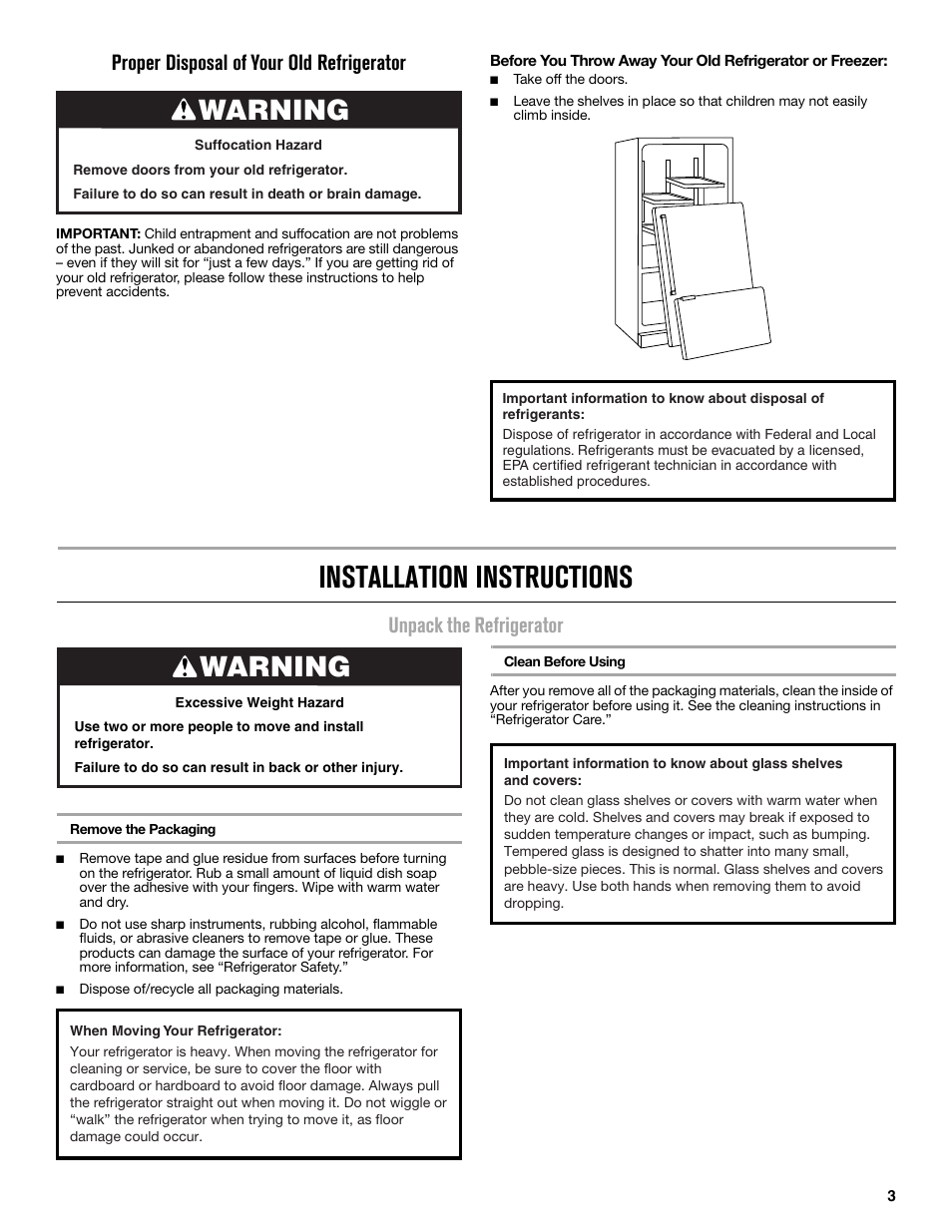 Installation instructions, Warning, Proper disposal of your old refrigerator | Unpack the refrigerator | Maytag MFC2062DEM User Manual | Page 3 / 72