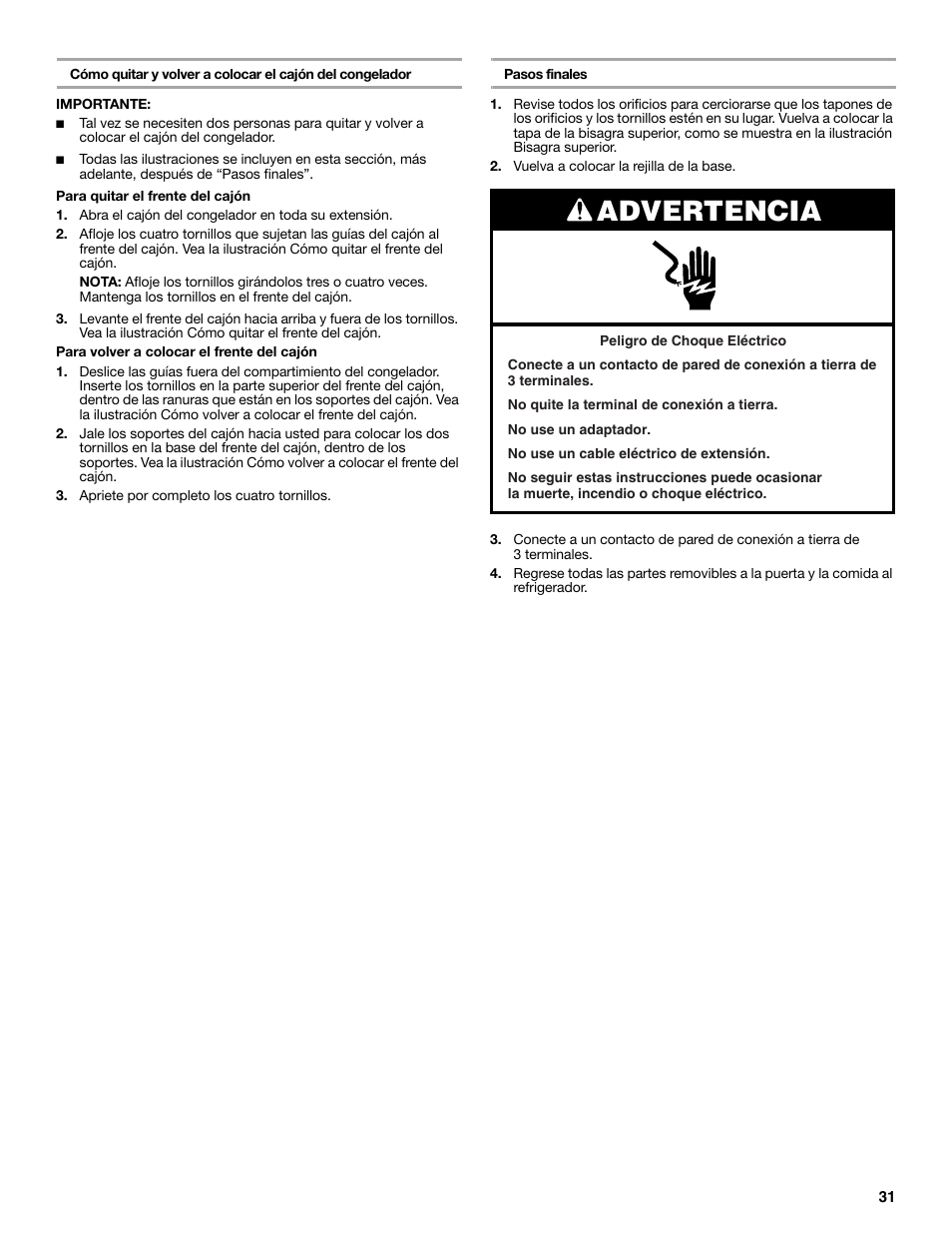 Advertencia | Maytag MFC2062DEM User Manual | Page 31 / 72