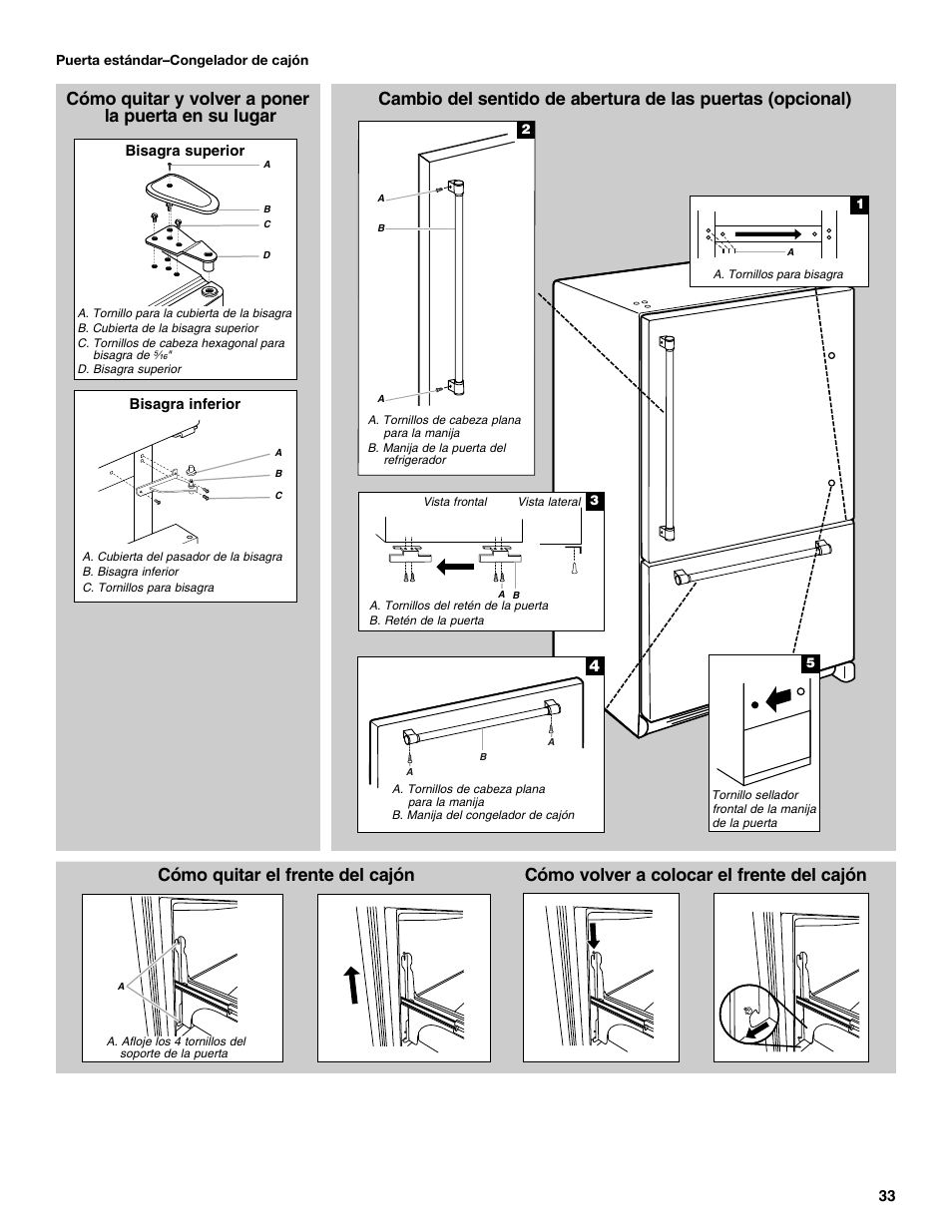 Cómo quitar y volver a poner la puerta en su lugar, Cómo quitar el frente del cajón, Cómo volver a colocar el frente del cajón | Maytag MFC2062DEM User Manual | Page 33 / 72