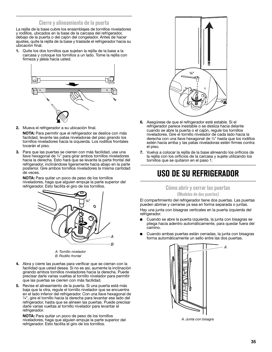 Uso de su refrigerador, Cierre y alineamiento de la puerta, Cómo abrir y cerrar las puertas | Maytag MFC2062DEM User Manual | Page 35 / 72