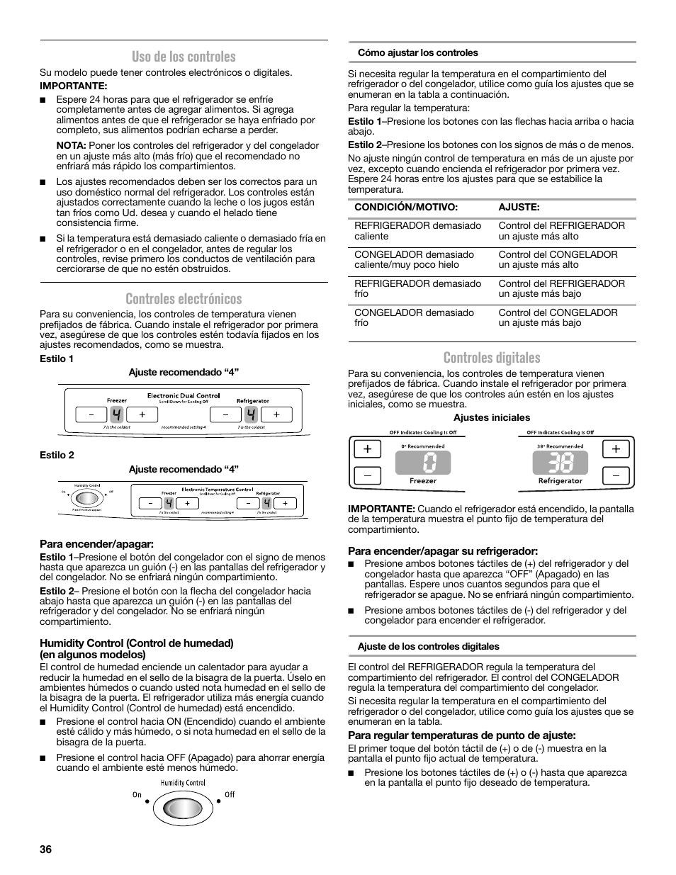 Uso de los controles, Controles electrónicos, Controles digitales | Maytag MFC2062DEM User Manual | Page 36 / 72