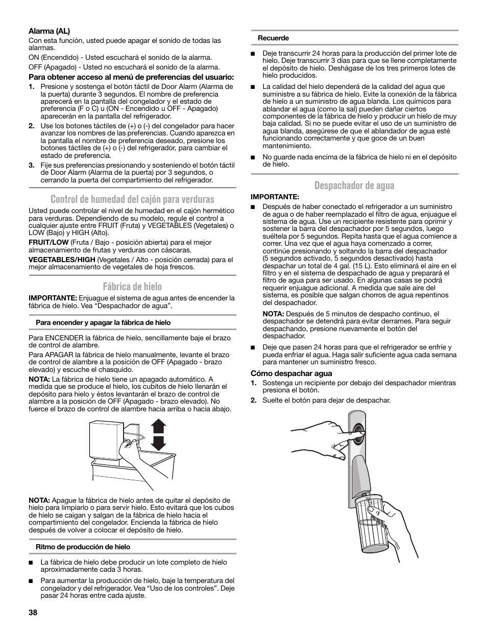 Control de humedad del cajón para verduras, Fábrica de hielo, Despachador de agua | Maytag MFC2062DEM User Manual | Page 38 / 72