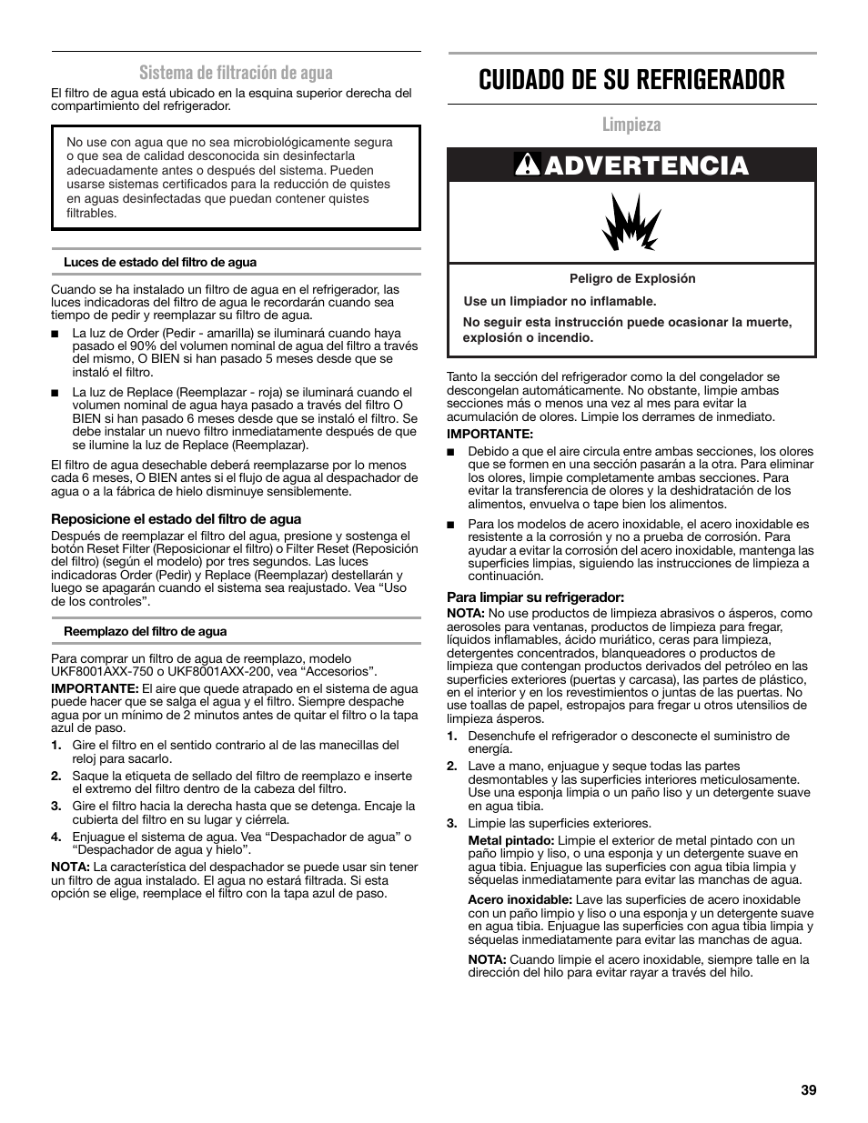 Cuidado de su refrigerador, Advertencia, Sistema de filtración de agua | Limpieza | Maytag MFC2062DEM User Manual | Page 39 / 72