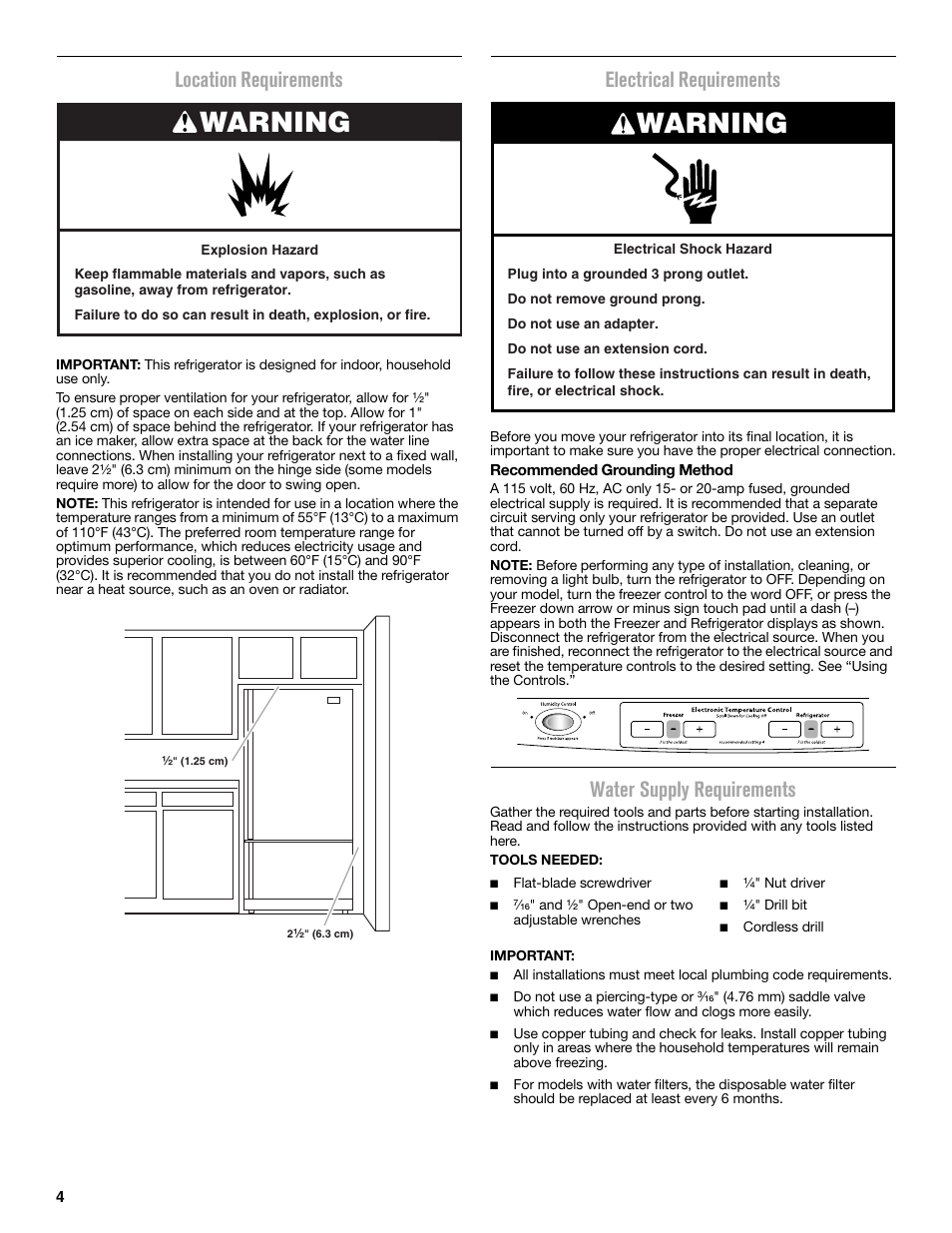 Warning, Location requirements, Electrical requirements | Water supply requirements | Maytag MFC2062DEM User Manual | Page 4 / 72