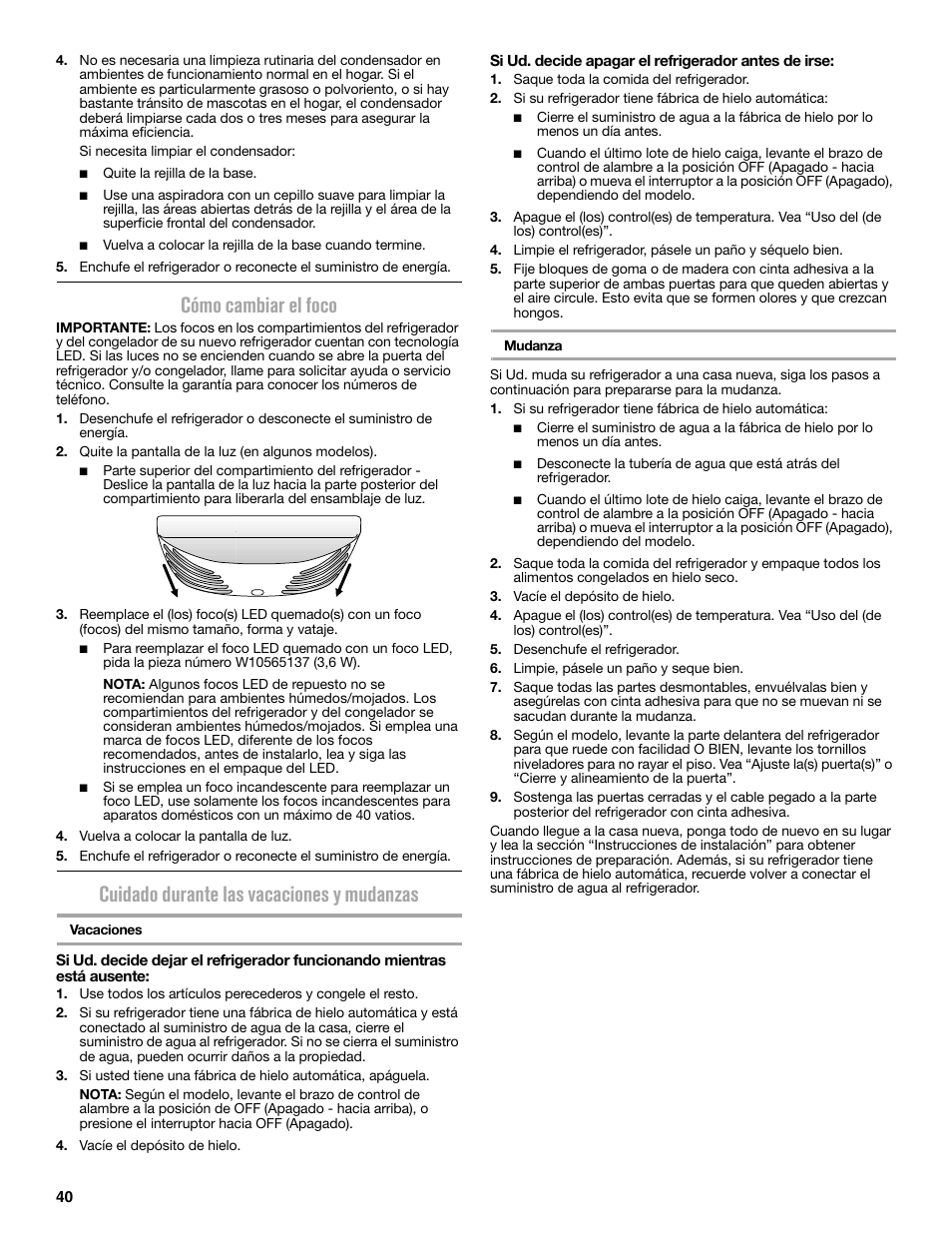 Cómo cambiar el foco, Cuidado durante las vacaciones y mudanzas | Maytag MFC2062DEM User Manual | Page 40 / 72