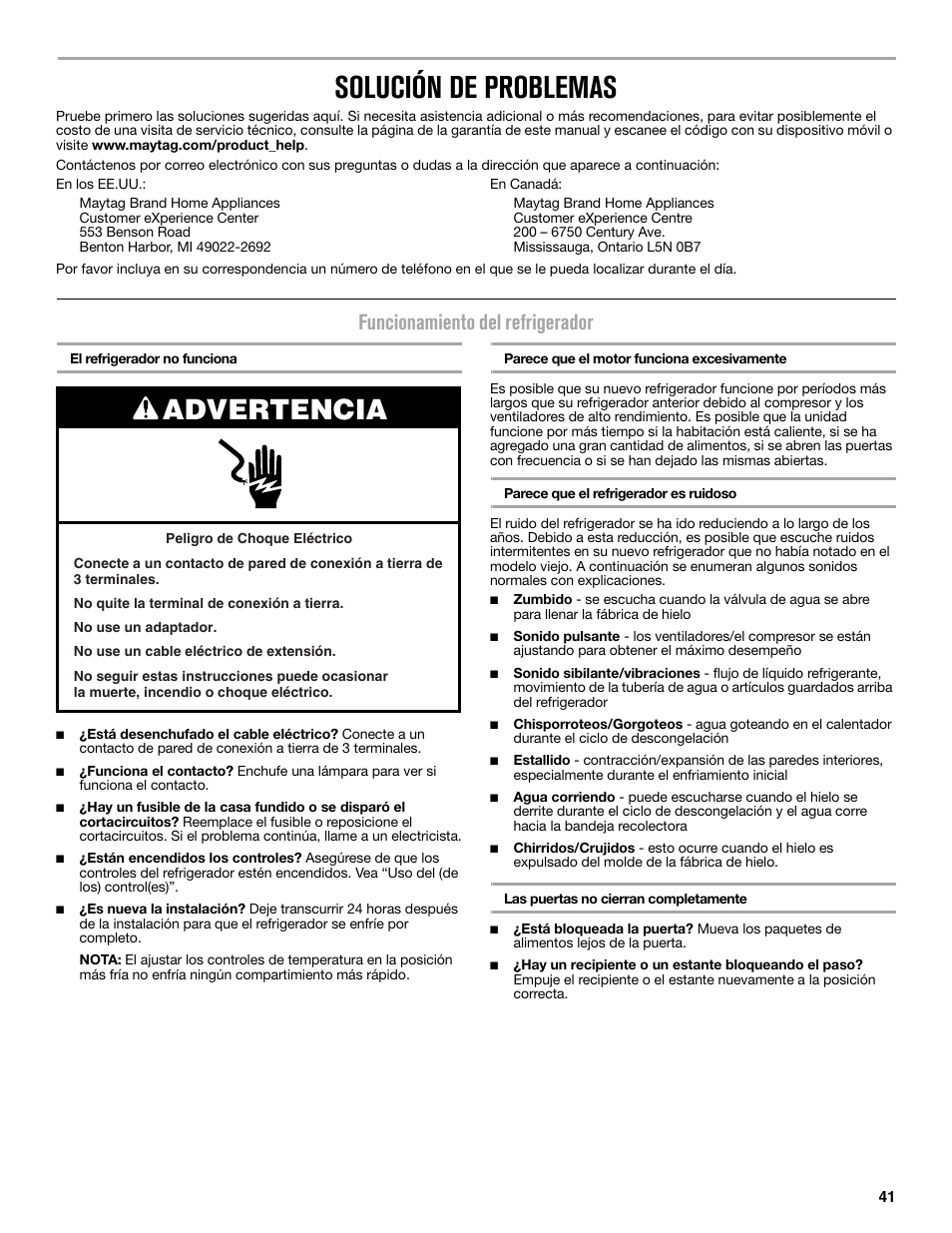 Solución de problemas, Advertencia, Funcionamiento del refrigerador | Maytag MFC2062DEM User Manual | Page 41 / 72