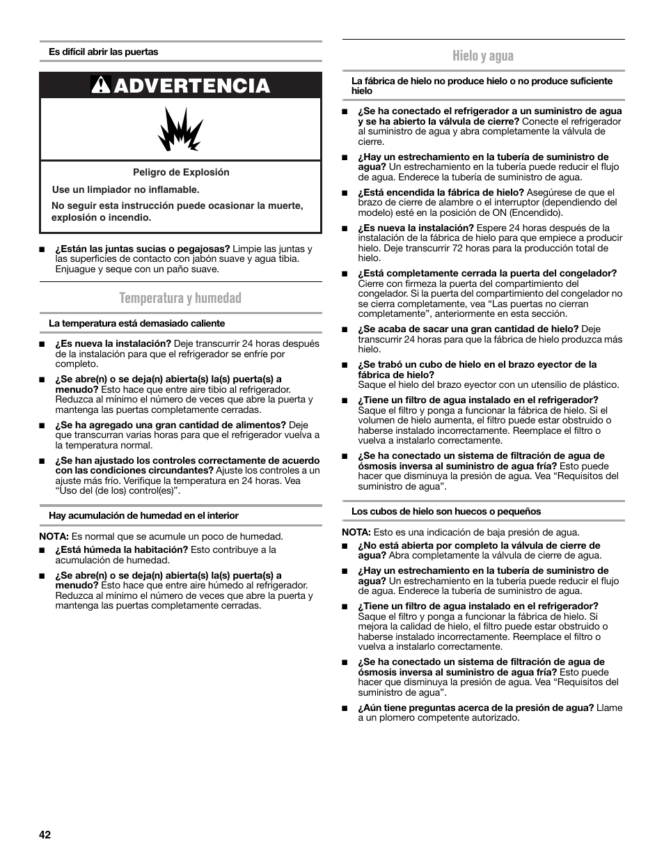 Advertencia, Temperatura y humedad, Hielo y agua | Maytag MFC2062DEM User Manual | Page 42 / 72