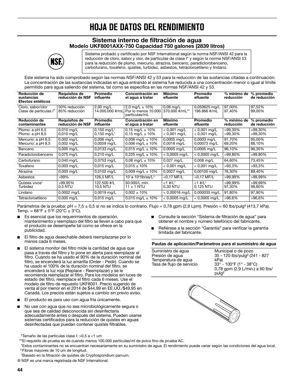 Hoja de datos del rendimiento, Sistema interno de filtración de agua | Maytag MFC2062DEM User Manual | Page 44 / 72