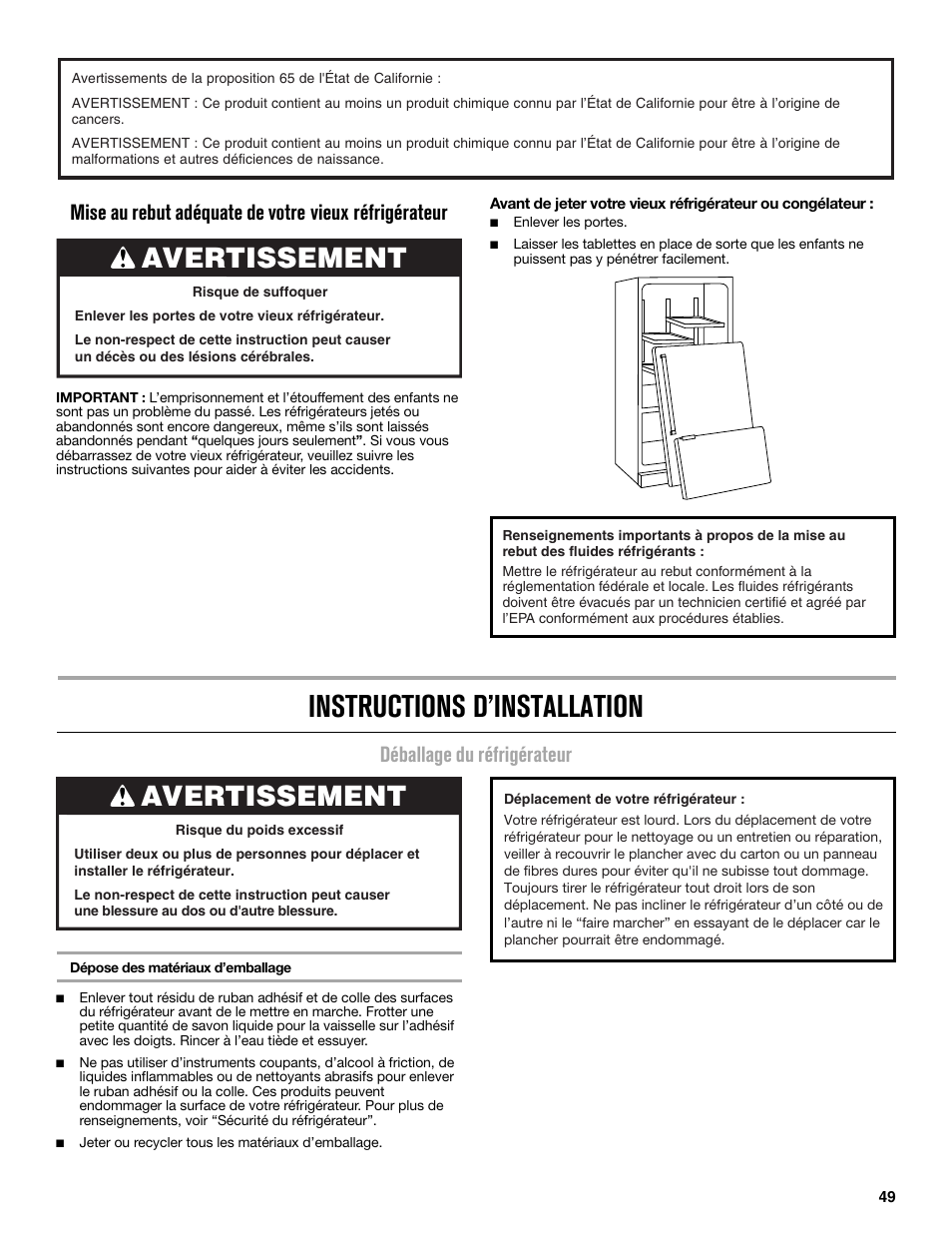 Instructions d’installation, Avertissement, Déballage du réfrigérateur | Maytag MFC2062DEM User Manual | Page 49 / 72