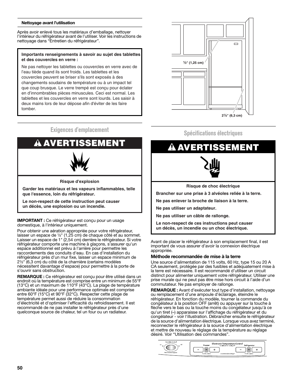 Avertissement, Exigences d'emplacement, Spécifications électriques | Maytag MFC2062DEM User Manual | Page 50 / 72