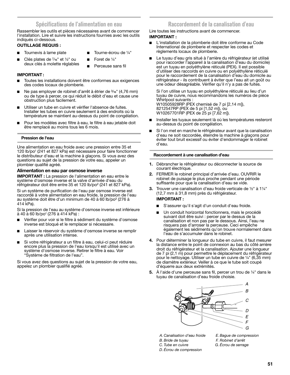 Spécifications de l’alimentation en eau, Raccordement de la canalisation d'eau | Maytag MFC2062DEM User Manual | Page 51 / 72