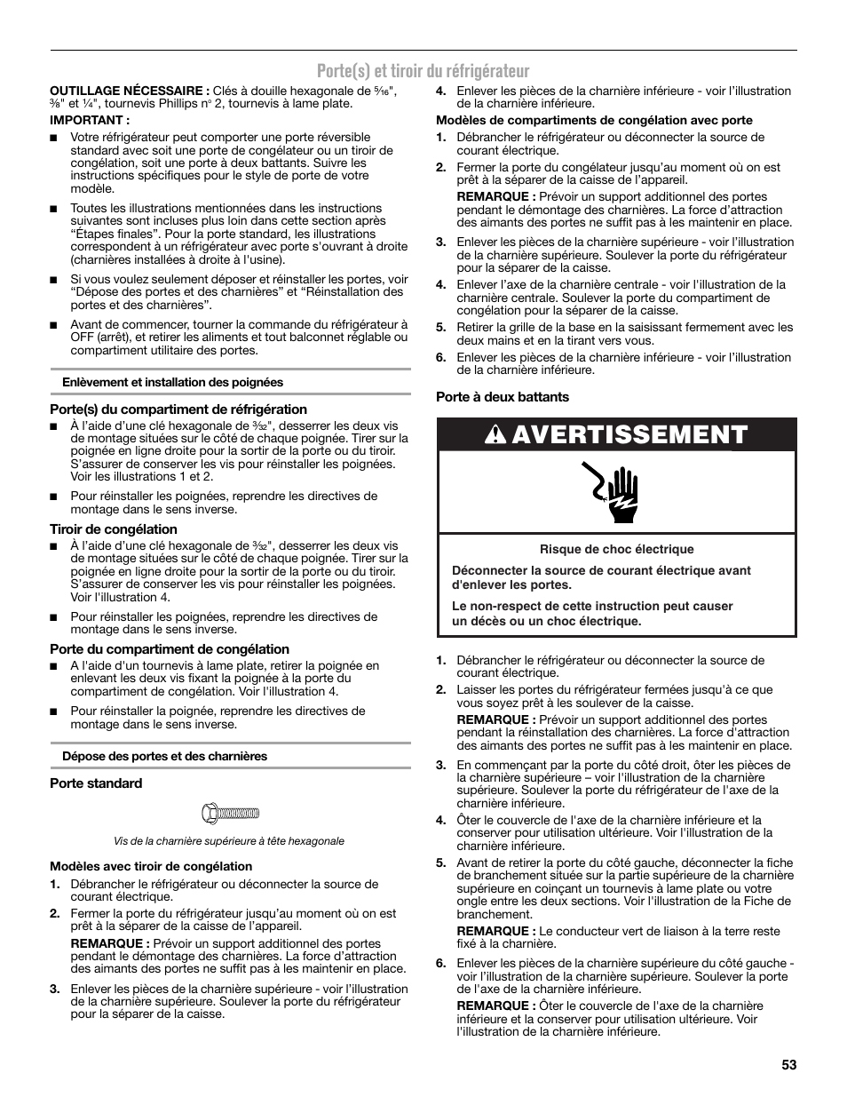 Avertissement, Porte(s) et tiroir du réfrigérateur | Maytag MFC2062DEM User Manual | Page 53 / 72