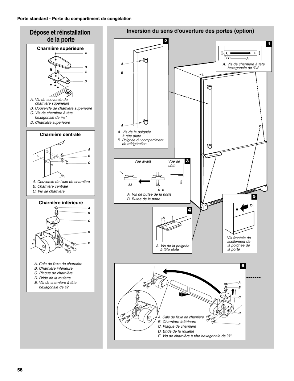 Dépose et réinstallation de la porte, Inversion du sens d'ouverture des portes (option) | Maytag MFC2062DEM User Manual | Page 56 / 72
