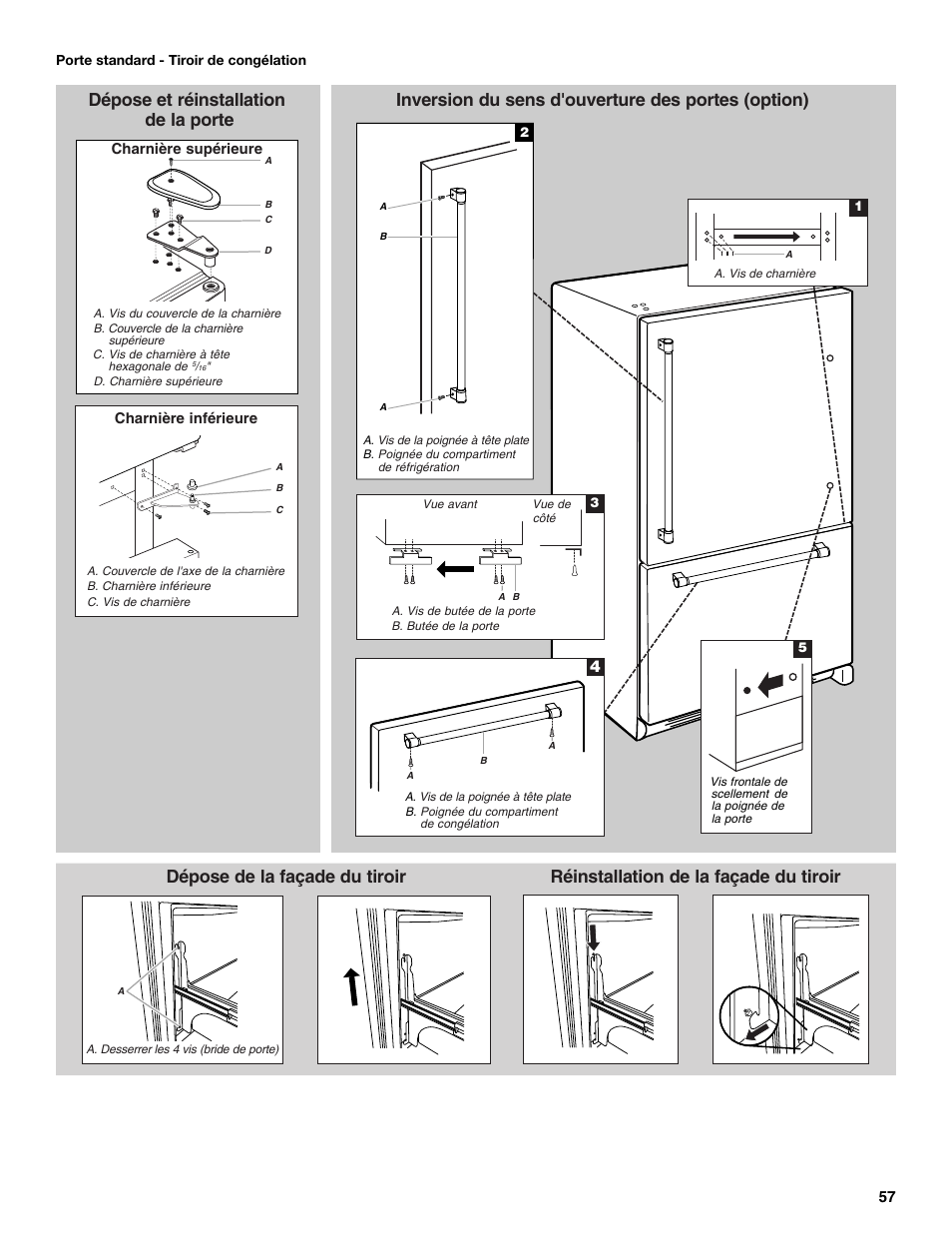 Dépose de la façade du tiroir, Réinstallation de la façade du tiroir | Maytag MFC2062DEM User Manual | Page 57 / 72