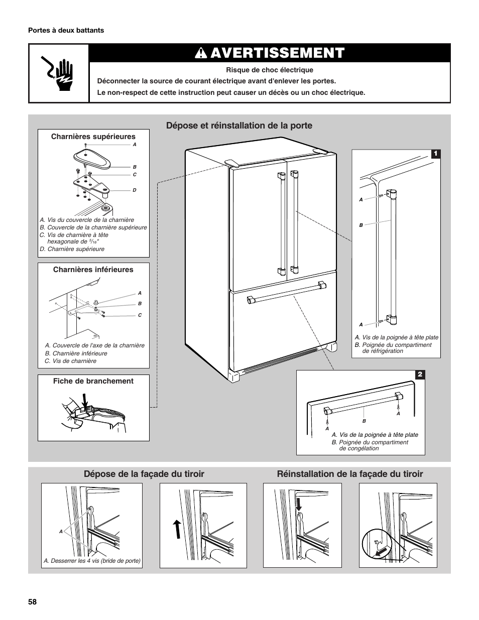 Avertissement, Dépose et réinstallation de la porte, Dépose de la façade du tiroir | Réinstallation de la façade du tiroir | Maytag MFC2062DEM User Manual | Page 58 / 72
