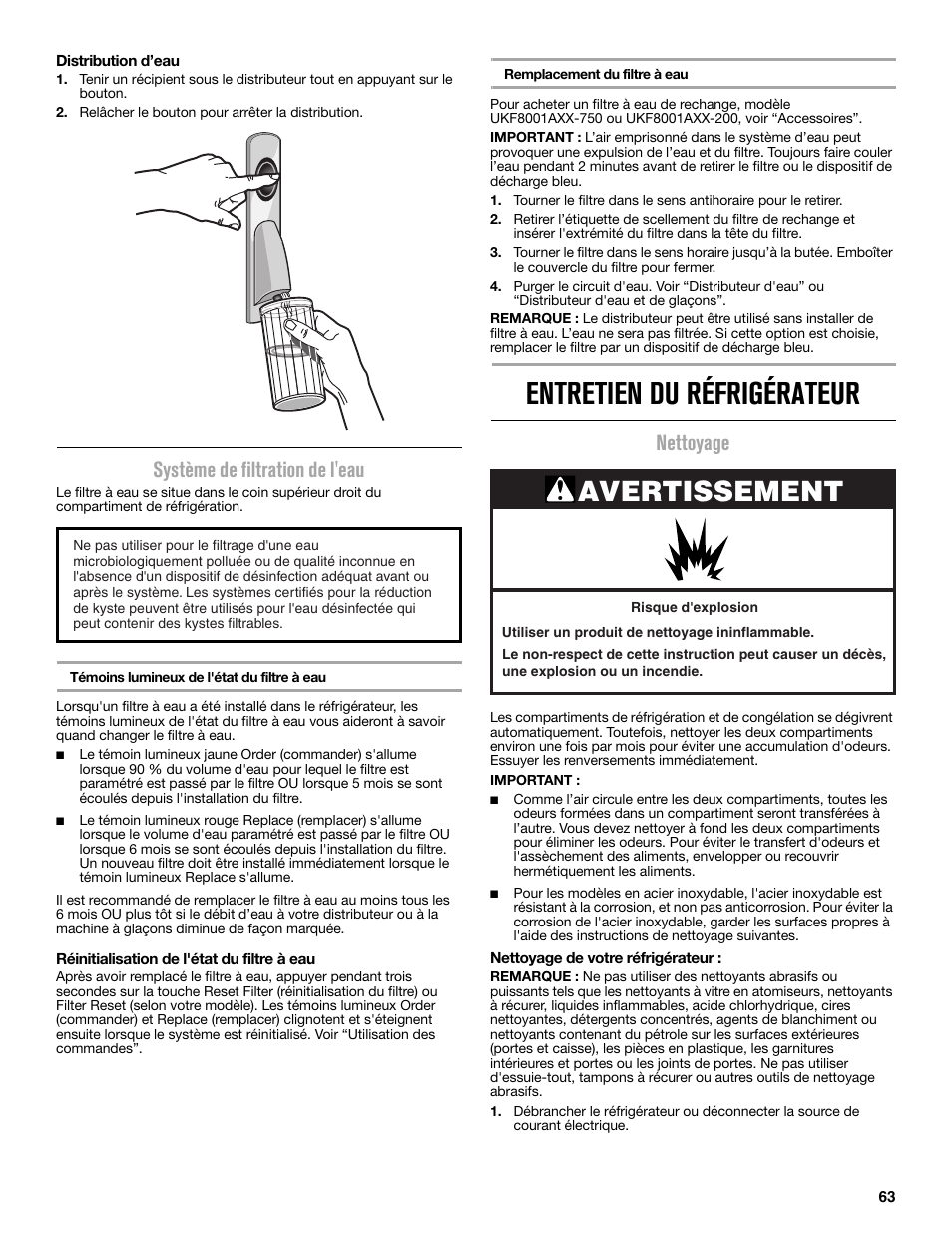 Entretien du réfrigérateur, Avertissement, Système de filtration de l'eau | Nettoyage | Maytag MFC2062DEM User Manual | Page 63 / 72