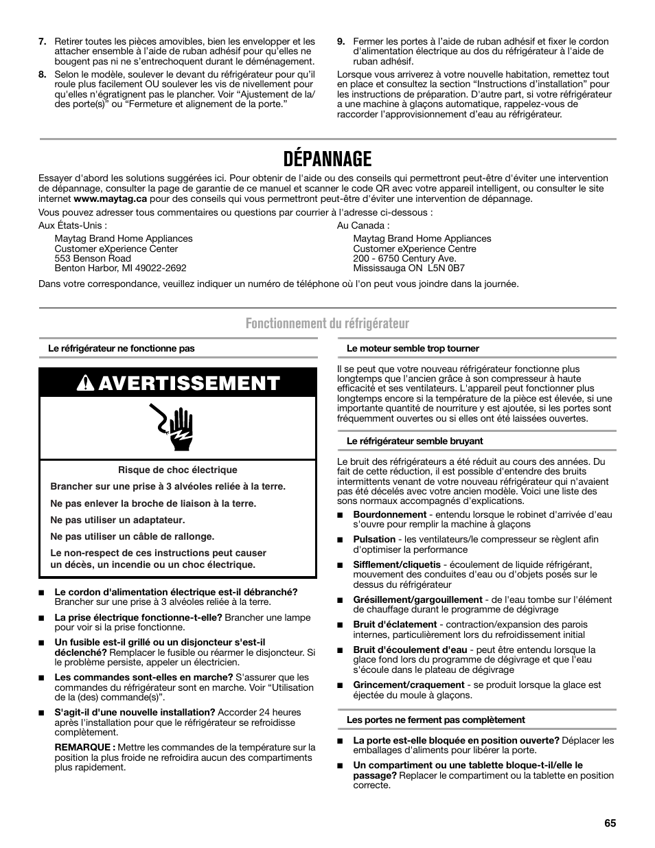 Dépannage, Avertissement, Fonctionnement du réfrigérateur | Maytag MFC2062DEM User Manual | Page 65 / 72