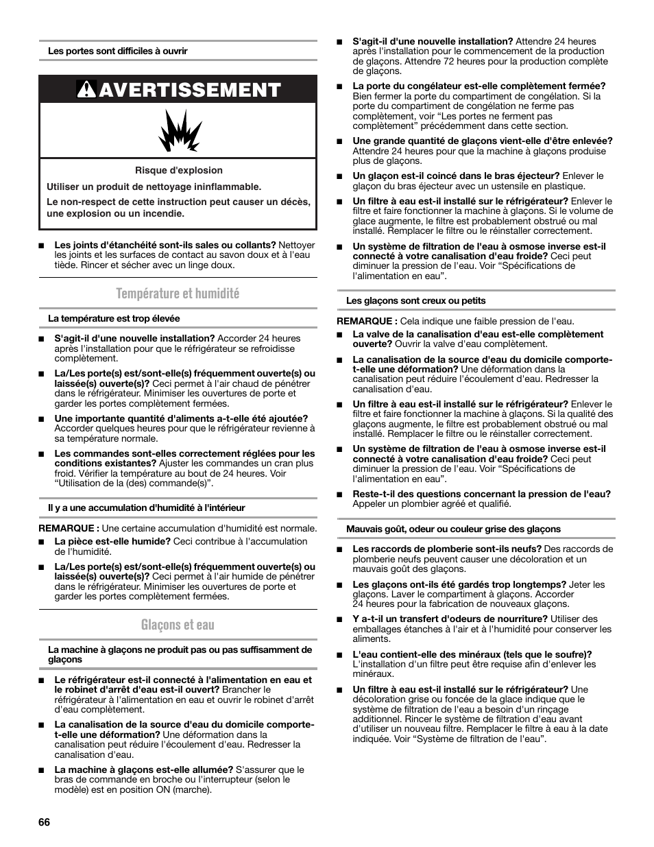 Avertissement, Température et humidité, Glaçons et eau | Maytag MFC2062DEM User Manual | Page 66 / 72
