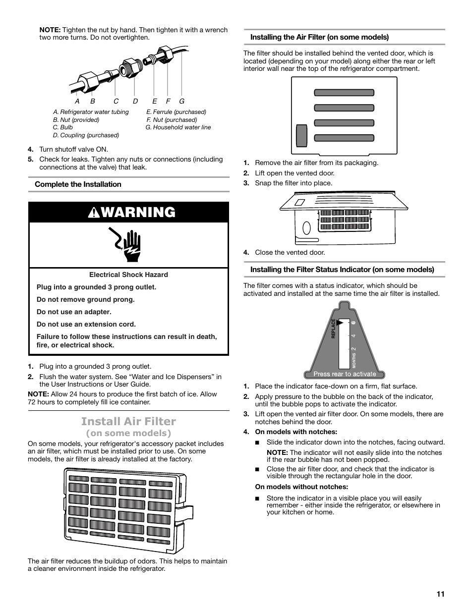 Warning, Install air filter | Maytag MSB26C6MDM User Manual | Page 11 / 86