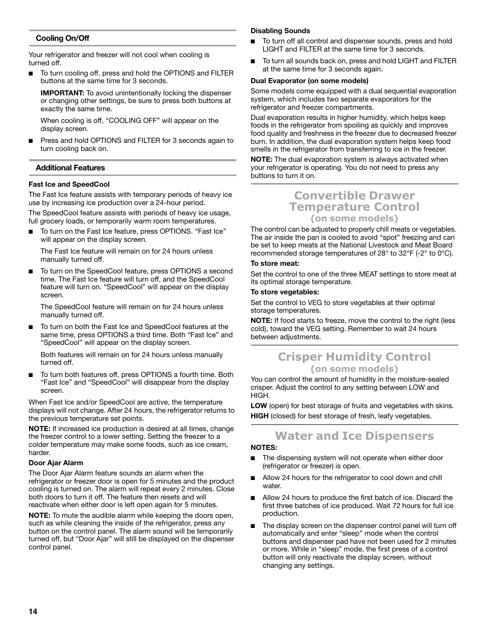 Convertible drawer temperature control, Crisper humidity control, Water and ice dispensers | Maytag MSB26C6MDM User Manual | Page 14 / 86