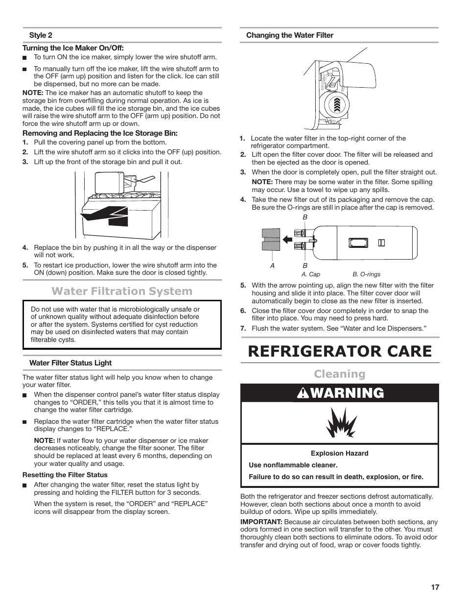 Refrigerator care, Warning, Water filtration system | Cleaning | Maytag MSB26C6MDM User Manual | Page 17 / 86