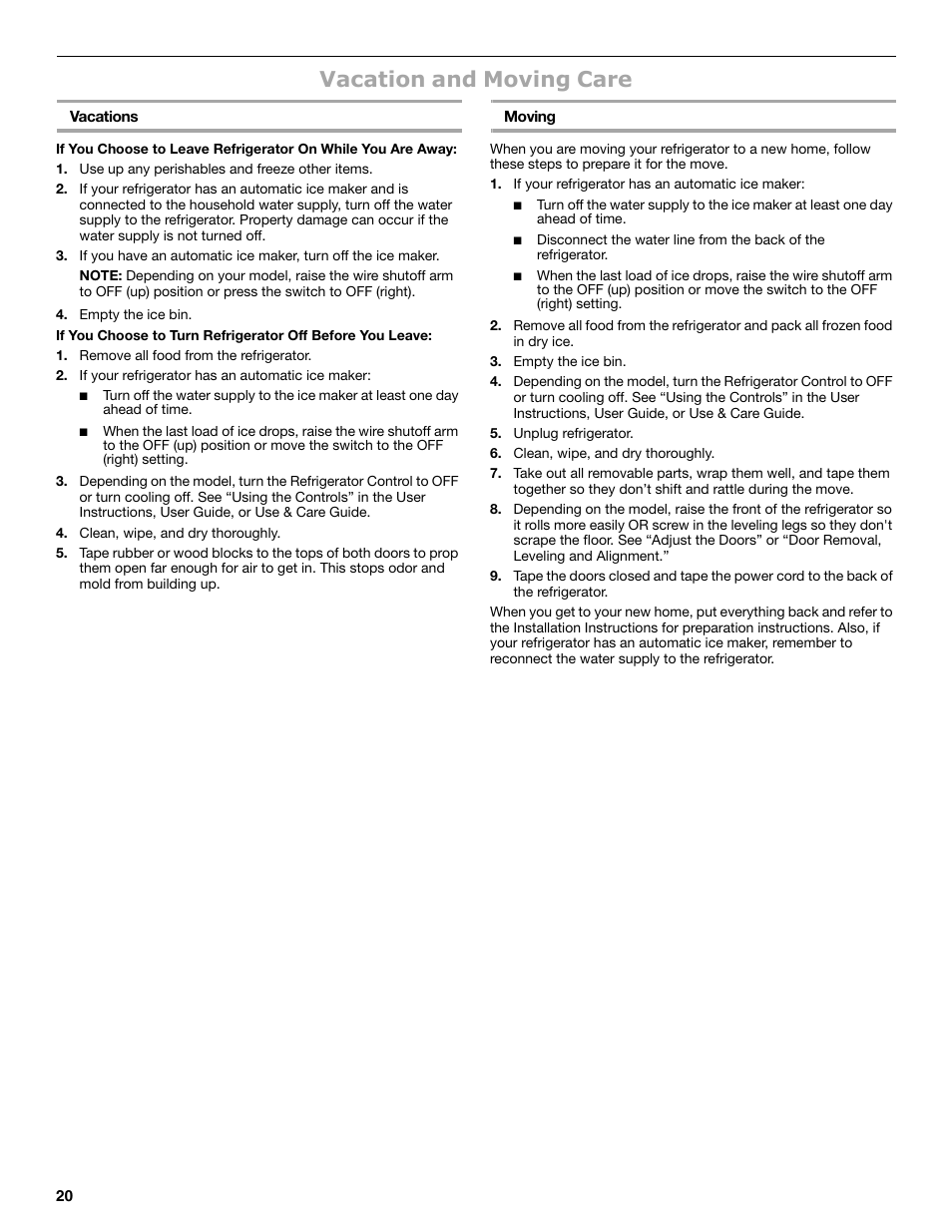 Vacation and moving care | Maytag MSB26C6MDM User Manual | Page 20 / 86