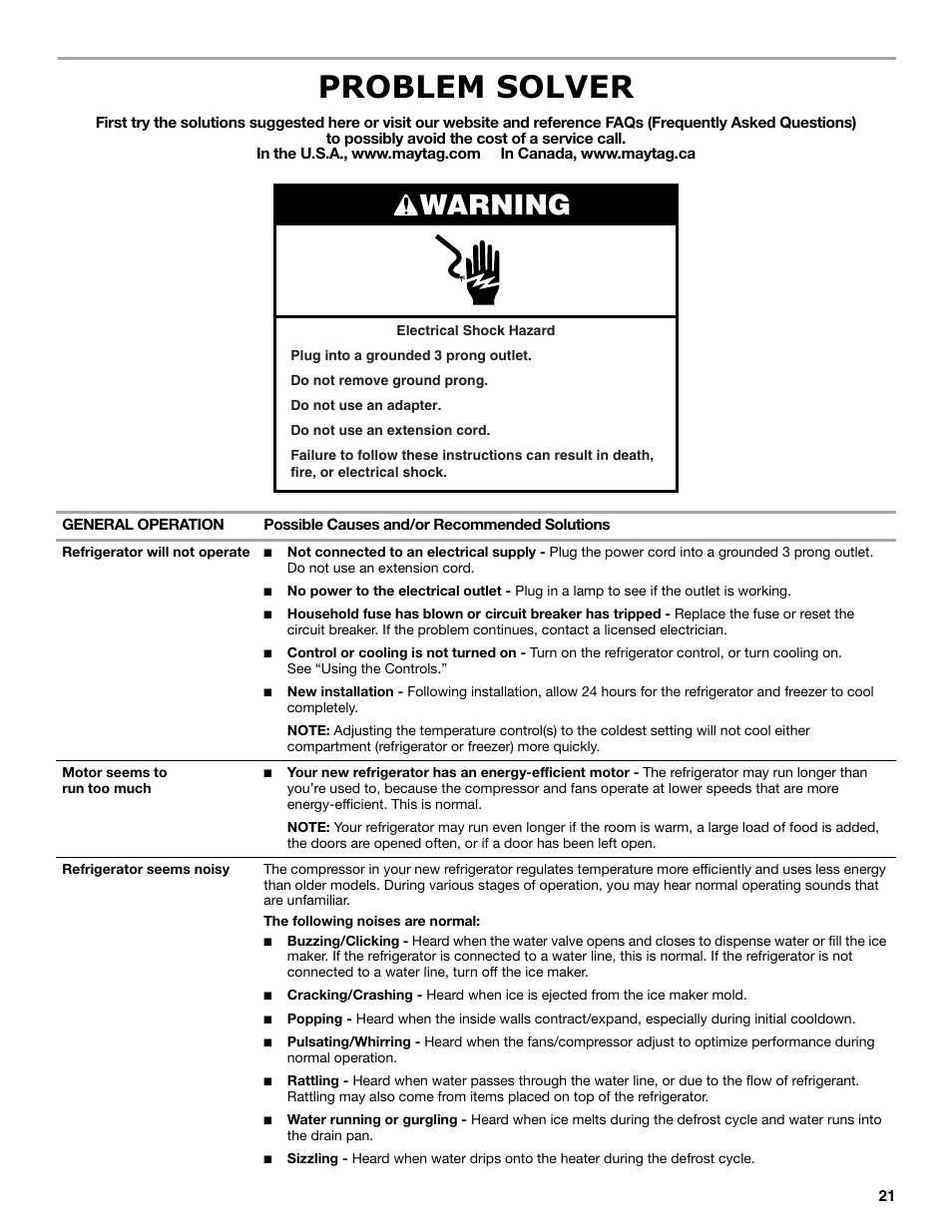 Problem solver, Warning | Maytag MSB26C6MDM User Manual | Page 21 / 86