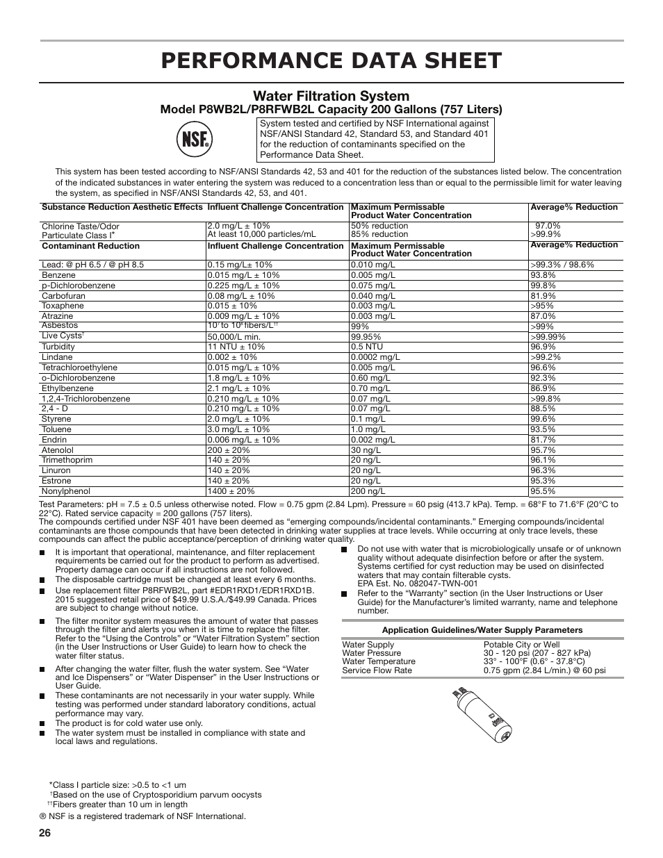 Performance data sheet, Water filtration system | Maytag MSB26C6MDM User Manual | Page 26 / 86