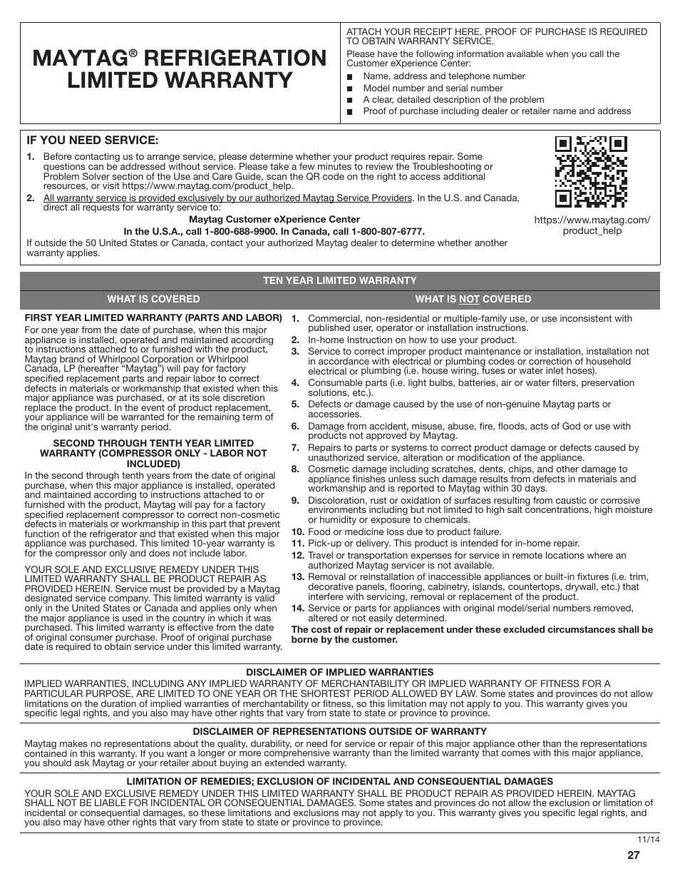 Maytag, Refrigeration limited warranty | Maytag MSB26C6MDM User Manual | Page 27 / 86