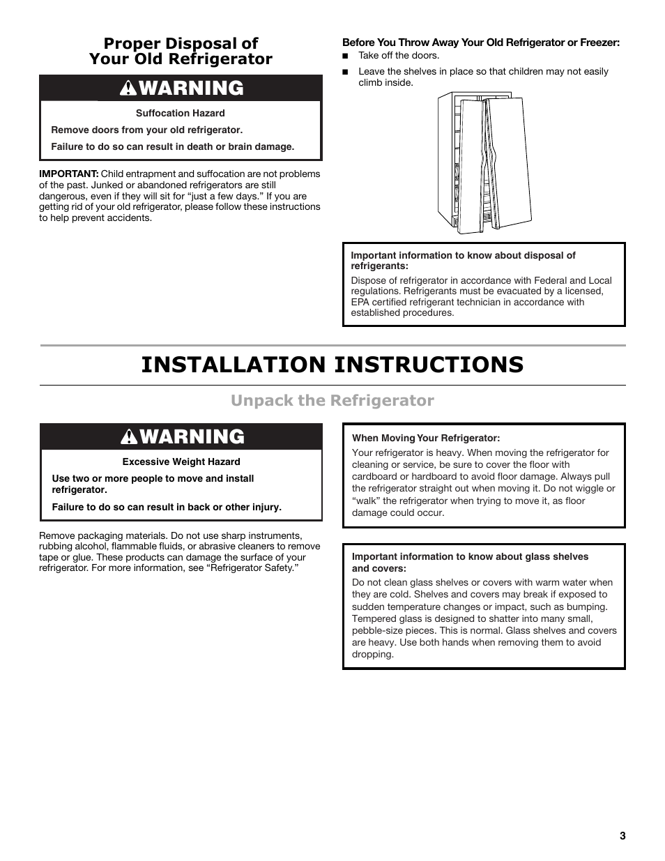 Installation instructions, Warning, Proper disposal of your old refrigerator | Unpack the refrigerator | Maytag MSB26C6MDM User Manual | Page 3 / 86