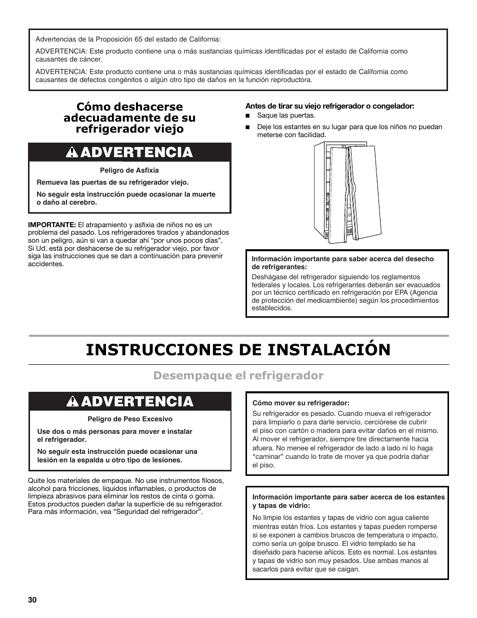 Instrucciones de instalación, Advertencia, Desempaque el refrigerador | Maytag MSB26C6MDM User Manual | Page 30 / 86