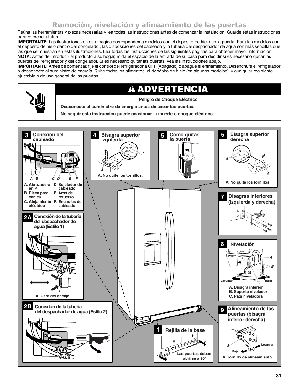 Advertencia, Remoción, nivelación y alineamiento de las puertas | Maytag MSB26C6MDM User Manual | Page 31 / 86